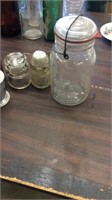 Atlas jar, tin cup, insulators