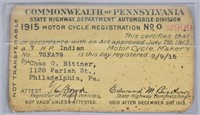 1915 PENNSYLVAINIA INDIAN MOTORCYLE REGISTRATION