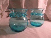 Pair Azure Vases w/ Applied Swirls