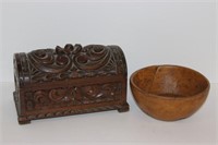 Miniature Ornate Wood Chest, Wooden Bowl