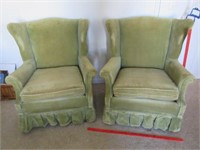 pair of older wingback chairs - green velvet