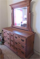 9 Drawer Solid Wood Knotty Pine Dresser W/ Mirror