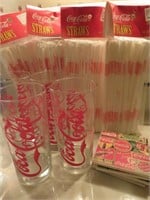 (4) Coca Cola Glasses, Coaster Set & Straws