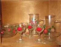Hand Painted Apple Glassware Set (2) Glass Pitcher