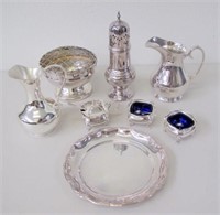 Eight silver plate items castor jug rose bowl