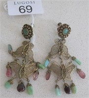 Antique Chinese silver gilt jade amethyst earrings