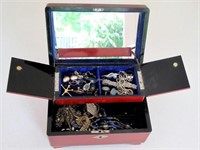 Oriental red lacquer jewel box with jewels