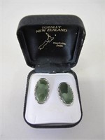 Pair stg silver nephrite jade clip on earrings