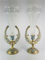 ANTIQUE CHAMPLEVE EPERGNES W ETCHED GLASS