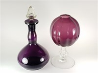 2 PC AMETHYST GLASS LOT DECANTER AND MELON VASE