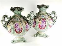 PAIR OF 19C HAND PAINTED HIGH RELIEF CHINESE VASES
