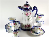 LIMOGES STYLE ATQ CHOCOLATE POT W CUPS & SAUCERS