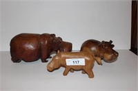 Wood Carved Hippo Sculptures (lot of 3)