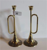 Pair of Brass Trumpet Candlestick Holders