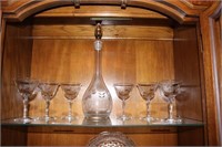 Etched Glass Decanter & 6 Etched Glass