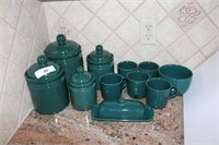 Green Canisters, Coffee Cups and Butter Dish