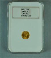 1854 G$1.00 TYPE 1 GOLD COIN - NGC MS 64