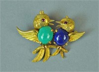 18K FRENCH TURQUOISE & LAPIS BIRD PIN