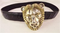 Alligator Leather Belt With Silver Lion Buckle