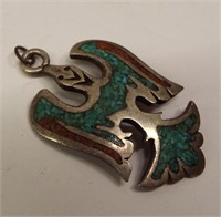 Sterling Pendant With Turquoise & Coral Inlay