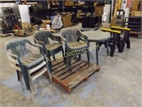 PLASTIC SAW HORSES, TABLE & 9 CHAIRS