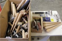 Box of Misc Wooden dowels, Chucks, scraper