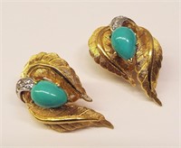 22k Gold, Diamond And Turquoise Clip Earrings