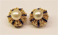 18k Gold & Pearl Earrings With Blue Enameling