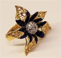 18k Gold, Diamond & Enameled Flower Ring
