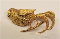 18k Gold Bird Pin With Ruby Eyes