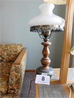 Table lamp, brass and wooden base, white shade