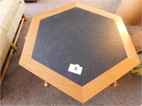 Ranch oak wooden and slate coffee table, 6 sided,