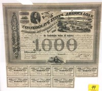 1863 CONFEDERATE $1000 LOAN W COUPONS