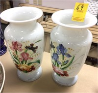 PAIR OF BRISTOL GLASS VASES W HANDPAINTED FLOWERS