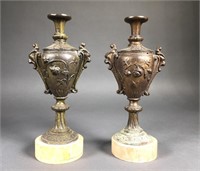 PAIR OF FRENCH BRONZE MINIATURE URNS ON MARBLE