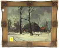 OIL PAINTING OF CABIN IN SNOWY WOODS, SIGNED LR