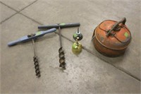 (2) VINTAGE HAND AUGERS, GAS CAN, AND (2) OIL CANS