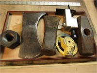 ANTIQUE AXE HEADS, TOOL  & WOOD BOX !