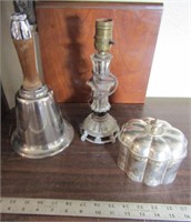 LARGE BELL, ANTIQUE LAMP, JEWELRY BOX !