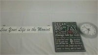 2 wooden signs sayings and wall clock