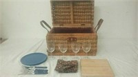 Picnic basket, 4 wine glasses, 2 plates