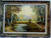 Framed oil painting stream in forest