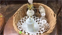 Basket lot of milk glass and lamps