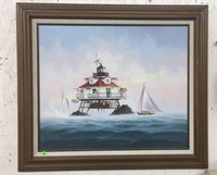 Farmed oil painting w/ships and lighthouse