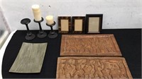 Carved Wood Panel Art, Pic Frames & Candle Holders