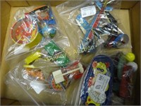 4 Bags- Tin Litho Games, Tops, Cars, Assorted Toys