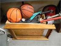 WOOD CRATE W/BATS, BASKETBALLS, RACKET AND MORE