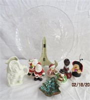 Christmas salt and peppers, glass serving tray,