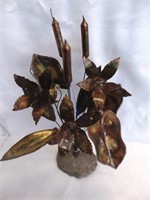 Copper Floral And Cattail Sculpture, Stone Base