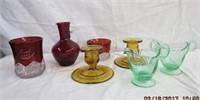 Collection of coloured glass, handled pitcher,